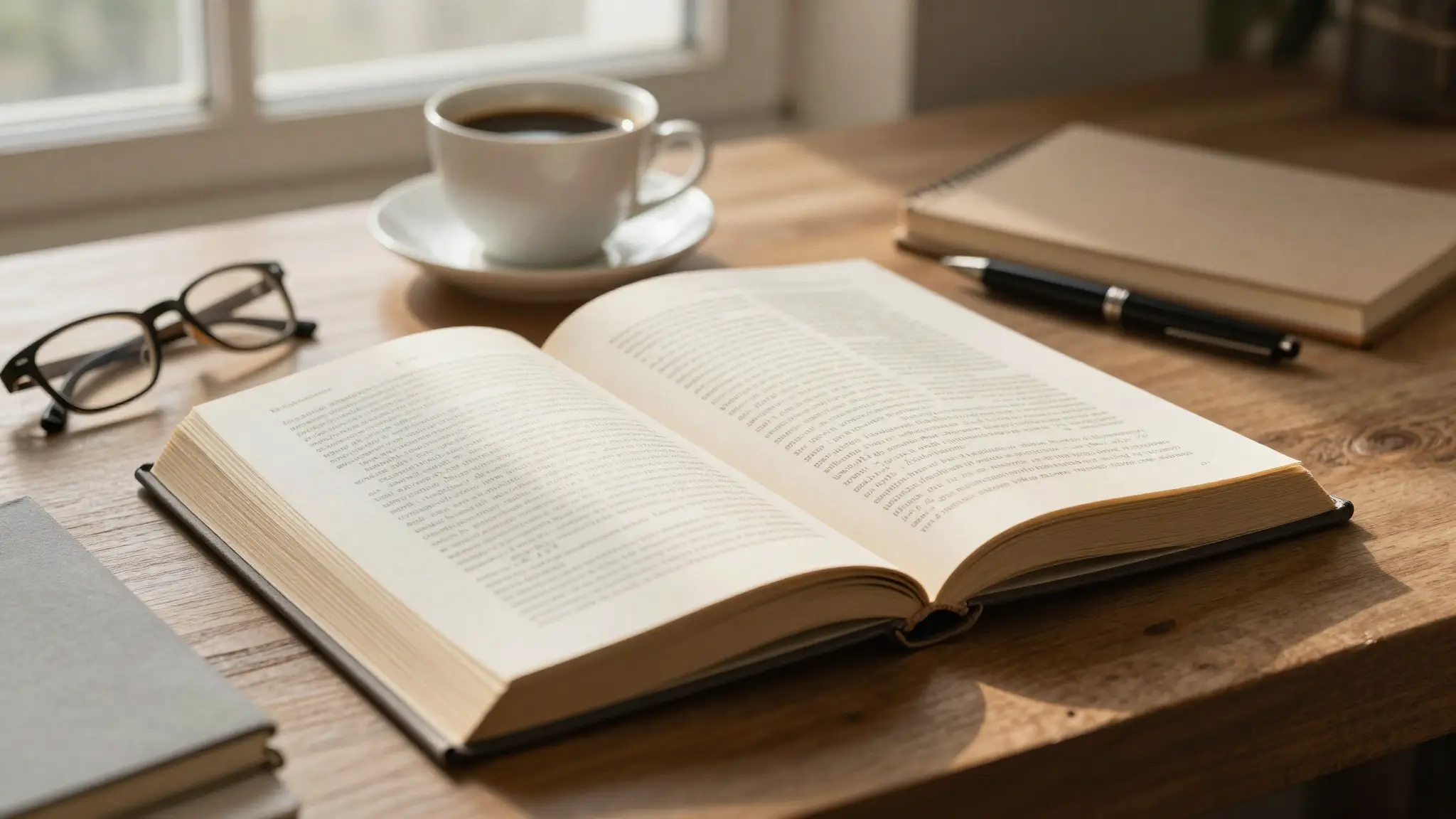 كتاب لتعلّم اللغة الإنجليزية مفتوح على مكتب خشبي مع دفتر وقلم ونظارة، في إشارة إلى دليل تعلّم الإنجليزية
